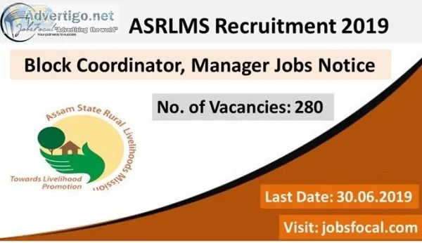 ASRLMS Recruitment 2019-20 (280) Block Coordinator Manager Jobs 