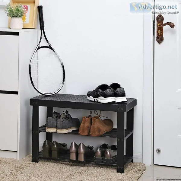 Black Bamboo Shoe Rack Bench 3-TIER
