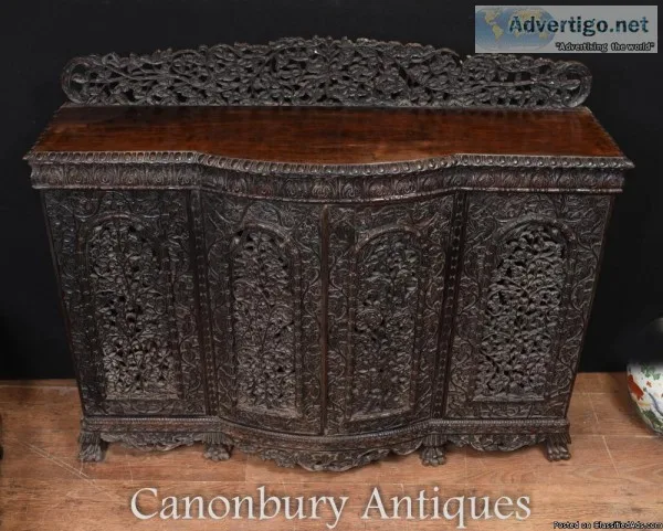 Large Burmese Sideboard Server - Hand Caved Antique Burma Circa 