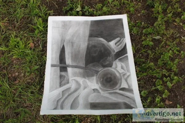 Still Life Charcoal Drawing- Folk Art Sunset Gypsy Vintage Antiq