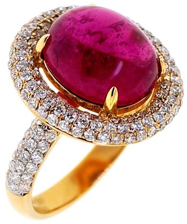 Womens Cabochon Tourmaline Diamond Ring 18K Yellow Gold