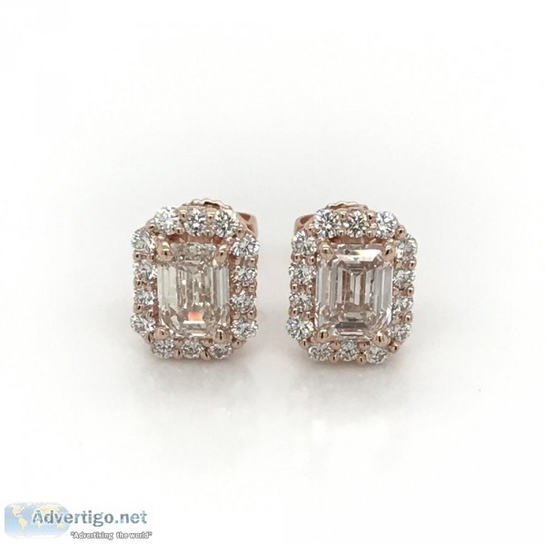 Emerald Cut Diamond Halo Stud Earrings inn 14kt. Rose Gold (2.46