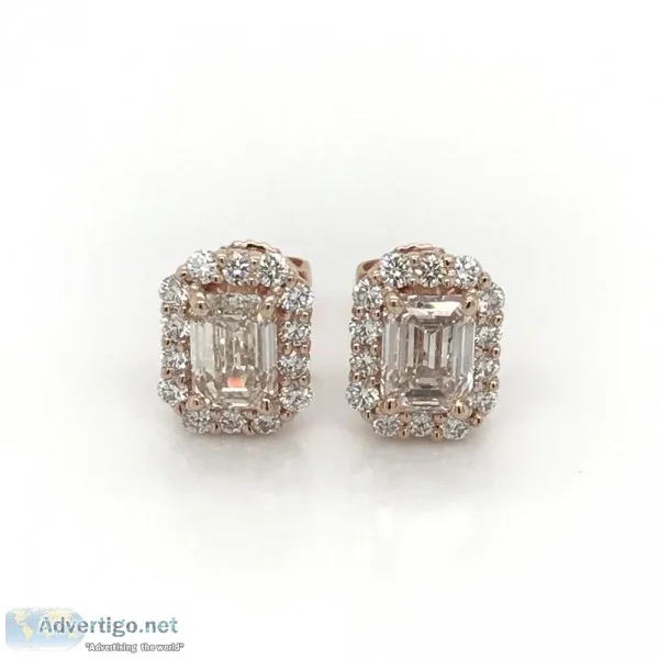 Emerald Cut Diamond Halo Stud Earrings inn 14kt. Rose Gold (2.46