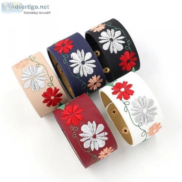 Wide Embroidery Flower Leather Cuff Bracelet By Loxlux Jewelry