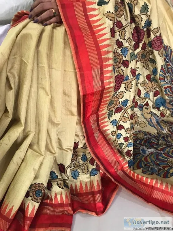 Pure raw silk dupiona sarees with pen kalamkari applique work bl