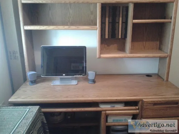 Solid oak desk with hutch keyboard shelf 3 drawers
