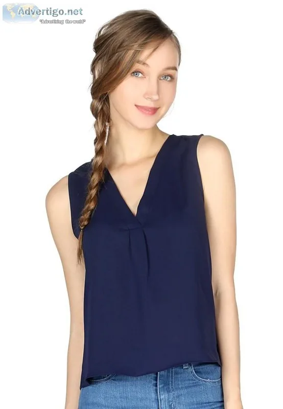 Buy Navy Sleeveless V Neck Casual Top for Women at London Rag In