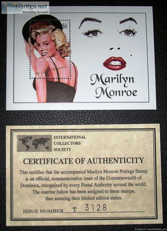 Marilyn Monroe Dominico 6.00 Postage Stamp With Certificate Of A