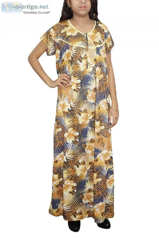 Womens Cotton Sleepwear Nighty Long Printed Maxi Blue Yellow Gow