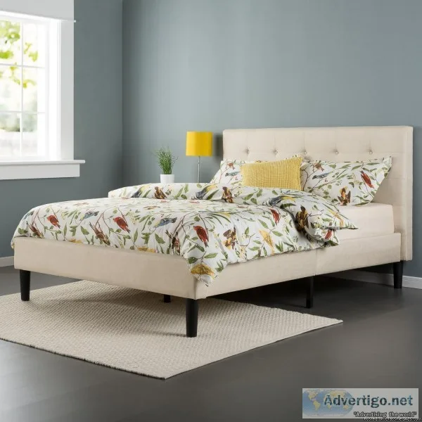 Modern Upholstered Button Tufted Platform Bed with Wooden Slats
