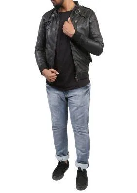Bareskin Men s  Rib Design Slim Fit Black Biker Leather Jacket