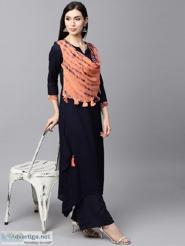 Navy Blue Solid A-Line Kurta With Printed Cowl