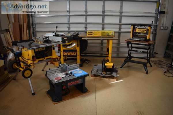 Dewalt and Bosch Complete Woodworking Equipment Set with many Ac