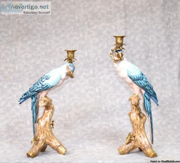 Pair Candelabras - French Porcelain and Gilt Parrot Candelsticks