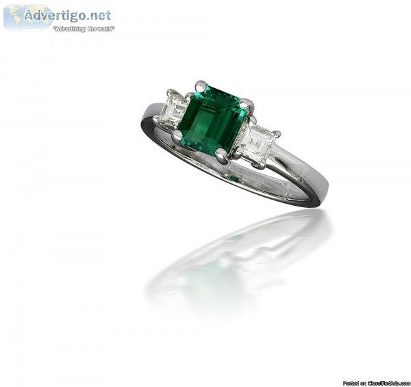 Emerald Cut Emerald and Diamond Three Stone Ring in 14k White Go