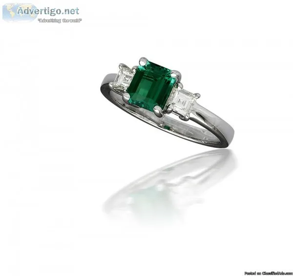 Emerald Cut Emerald and Diamond Three Stone Ring in 14k White Go