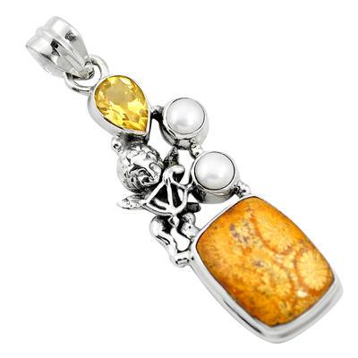 Stylish Druzy Dumortierite and Fossil Coral Gemstone Silver Jewe