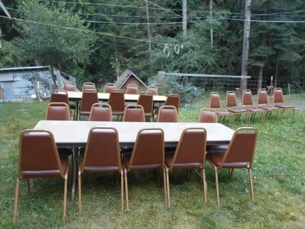 Two 8 foot folding tables  25 Retro padded chairs