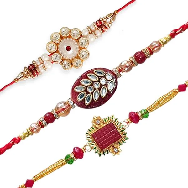 Awesome CZ and Kundan Leaf with Ruby Pendant Rakhi