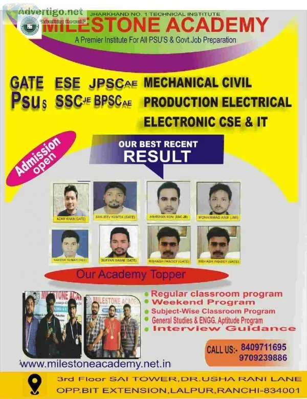 MILESTONE ACADEMY GATE BPSC JPSC TECHNICAL CLASSES