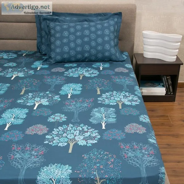Acadia Blue Cotton Bed Sheet Online