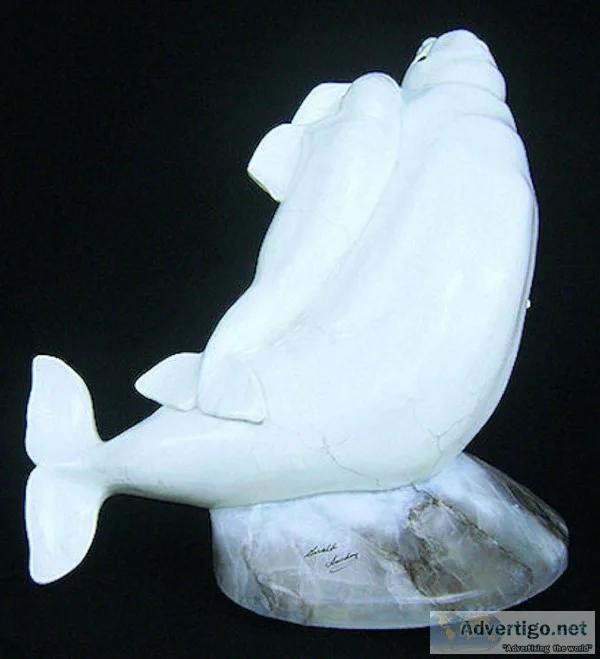 &quotFree Ride&quot (Baluga Whale and Calf) Stone Sculpture by G