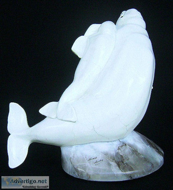 &quotFree Ride" (Baluga Whale and Calf) Stone Sculpture by G