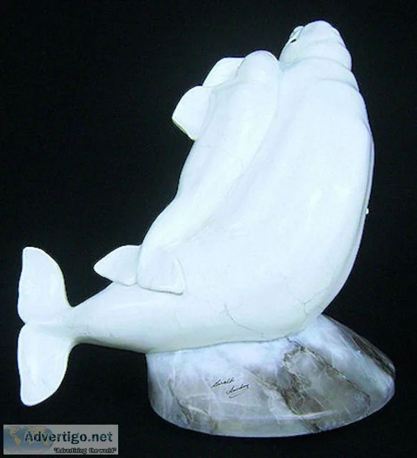 &quotFree Ride&quot (Baluga Whale and Calf) Stone Sculpture by G