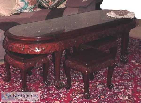 Carved Coffee Table and Six Sitting Stools