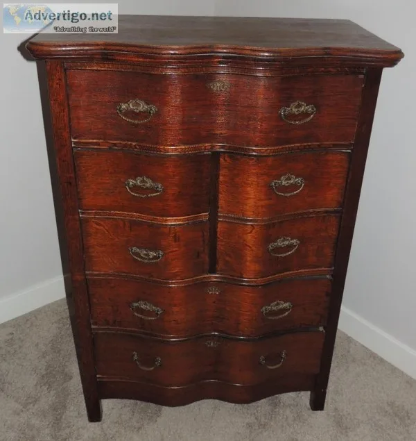 Vintage Serpentine Front Oak High Boy Chest of Drawers with Mirr