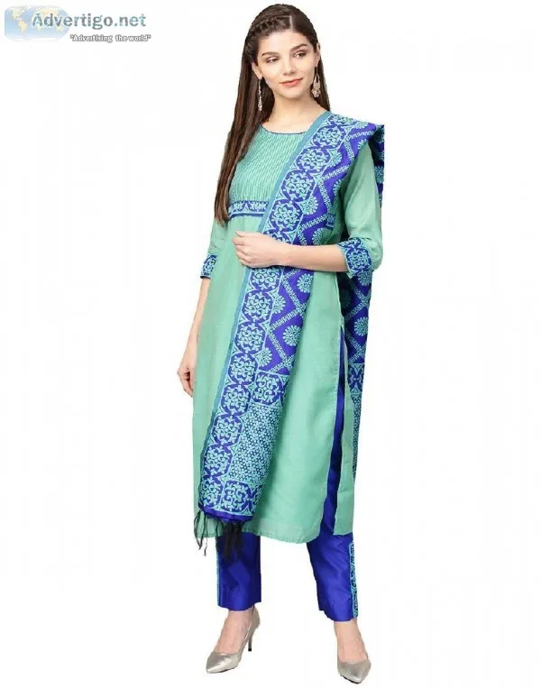 Jaipur Kurti Women Green And Blue Solid Straight Chanderi Kurta