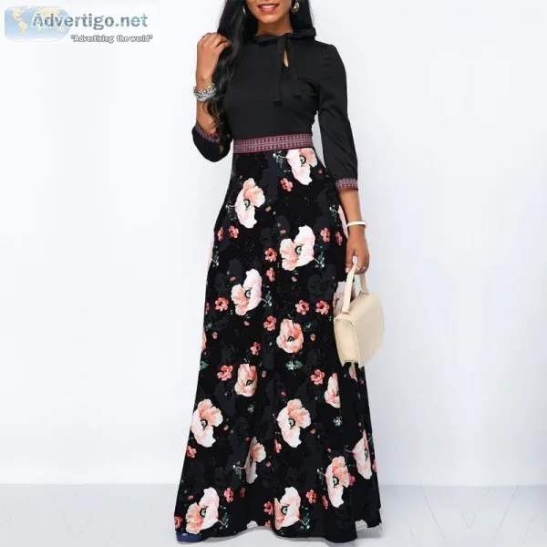 Long Bohemian Three Quarter Sleeve Floral Print Maxi Dress