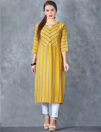 Mustard Yellow Stripe Pattern Cotton Kurti