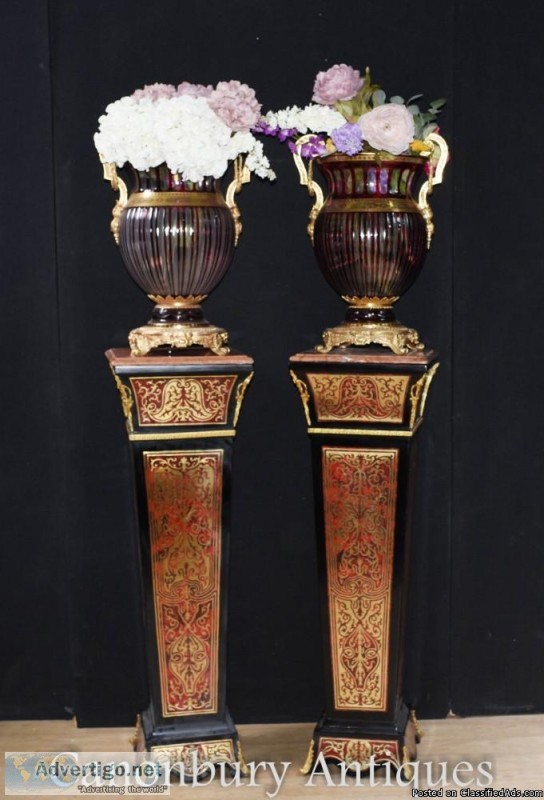 Pair Boulle Pedestal Stand Tables - Louis XVI Inlay