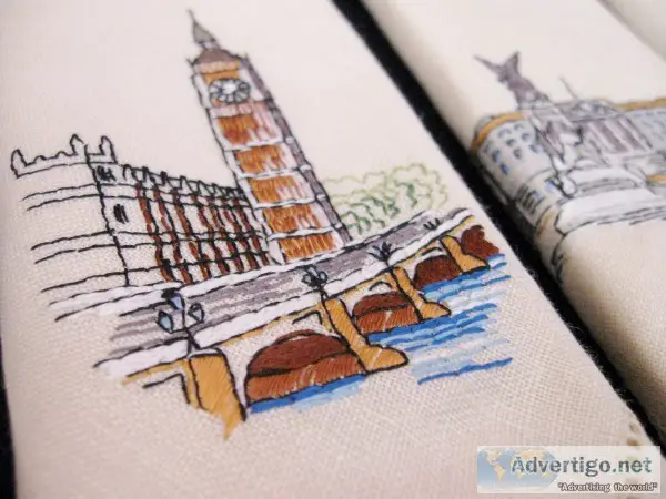 6 London Scenes Vintage Sundew Pure Linen Embroidered Tea Napkin