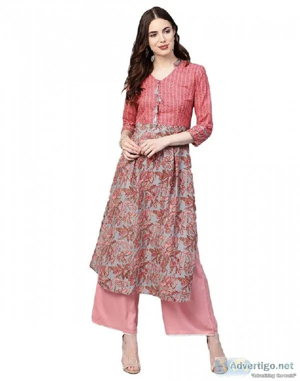 Jaipur Kurti Women Grey Floral Straight Cotton Kurta