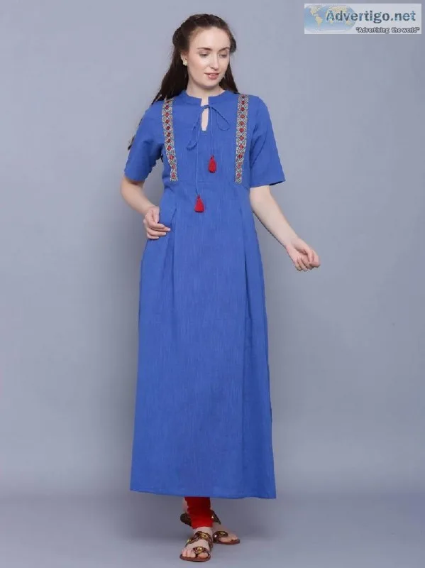 latest Amaiva Women Blue Solid Cotton Slub Dresses