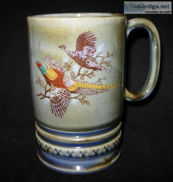 Vintage Musical Mug Green Irish Porcelain w Birds Wood Scene Reu