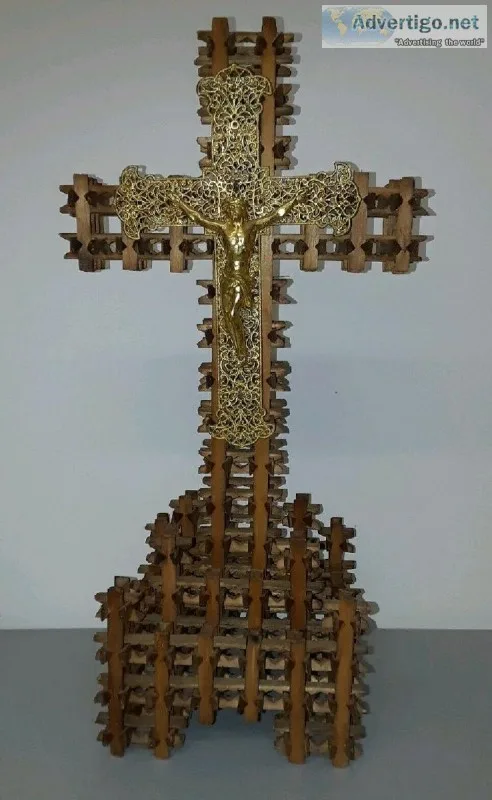 Tramp Art Wood Cross with Gold Filigree Crucifix Christ Folk Art