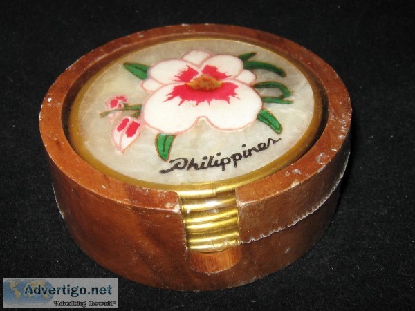 Vintage Philippines Souvenir Capiz Shell Floral Design Drink Coa