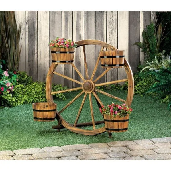 Wagon Wheel Barrel Planter Display