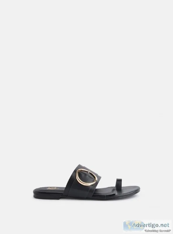 4th and Reckless  JONES GOLD BUCKLE FLAT SANDAL BLACK PU