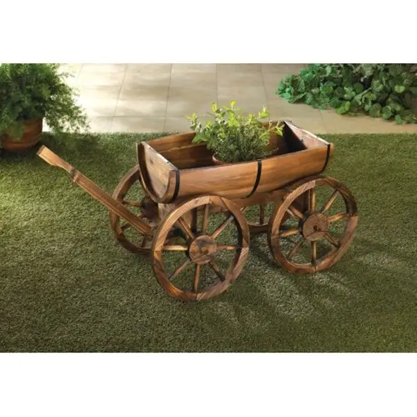 Old Country Wood Barrel Wagon Planter
