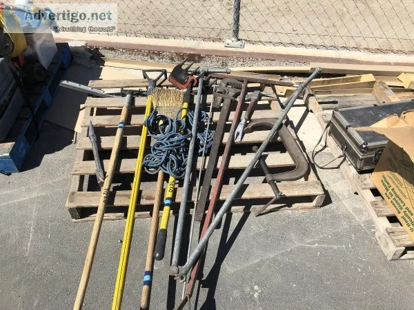 MISC. HAND TOOLS BROOM RAKE PRY BARS PIPE WRENCH HYDRANT WRENCHE