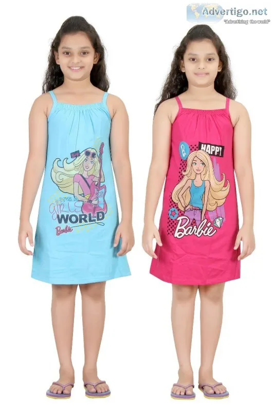 Girls Cotton Barbie Printed Nighty Slips Pack of 2