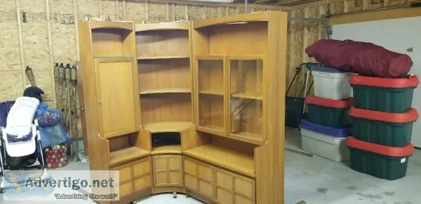 Three piece teak corner wall cabinets