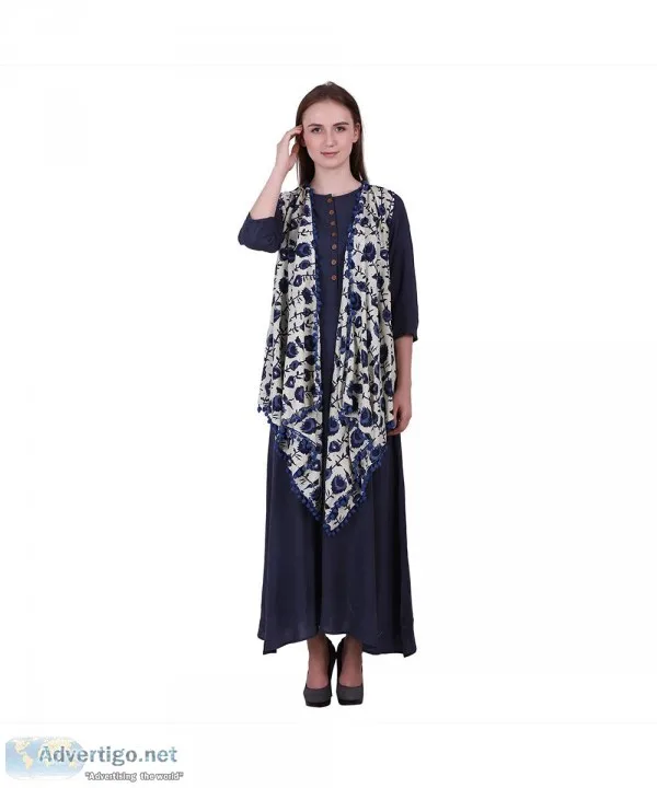 Navy Blue and White Cotton A-Line Kurti With Printed Shrug