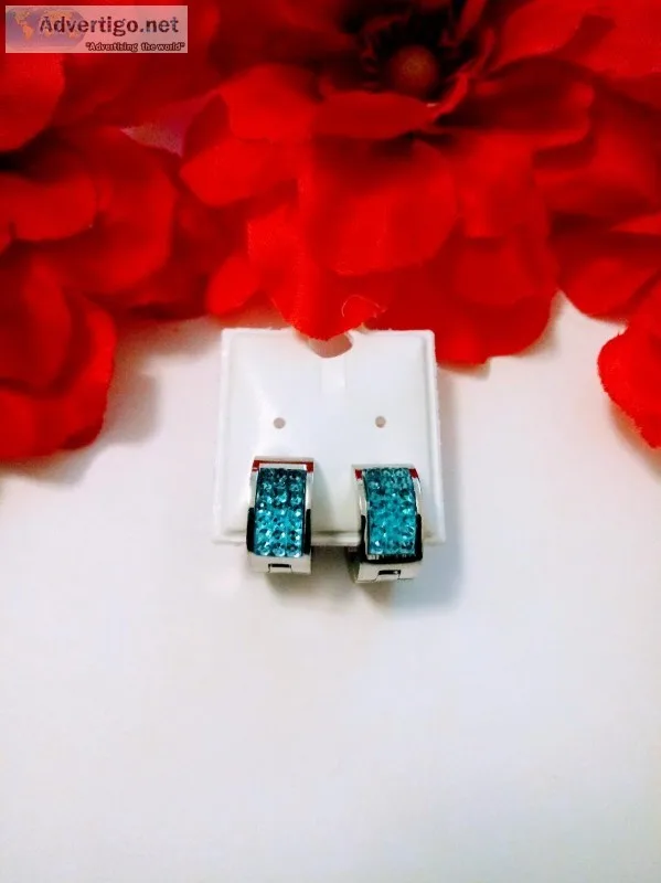 Blue Crystal Stainless Steel Hoop Huggie Earrings