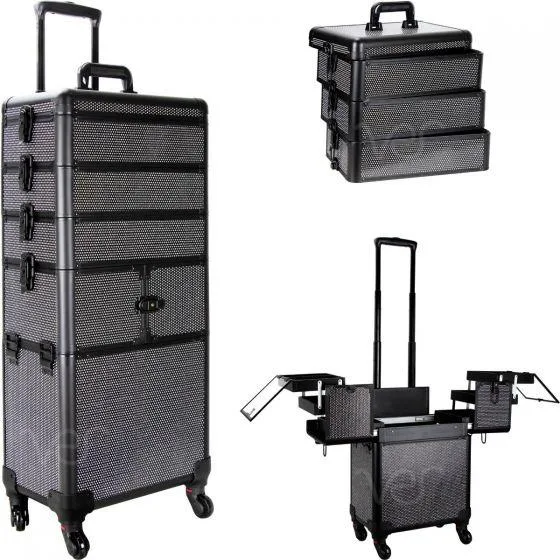 Black Krystal 3-Tiers Accordion Trays Professional Rolling Alumi