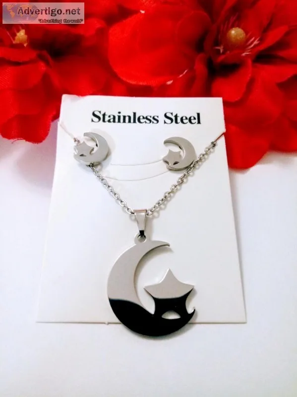 Moon and Stars Stainless Steel Necklace earring Set